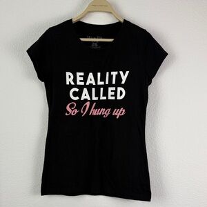 Wound Up Black Tee with Bold White and Pink Print